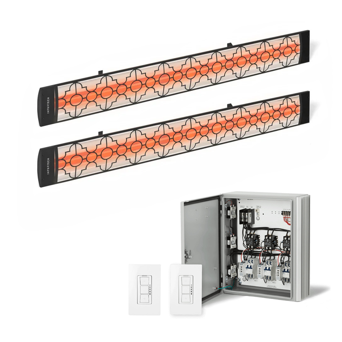 Infratech Combo Package - (1) 2-Relay 2-Zone Universal Control Panel with (2) CD Series Dual Element with Mediterranean Motif CD5224BL3 5200W 240V Infrared Electric Patio Heaters in Black Color