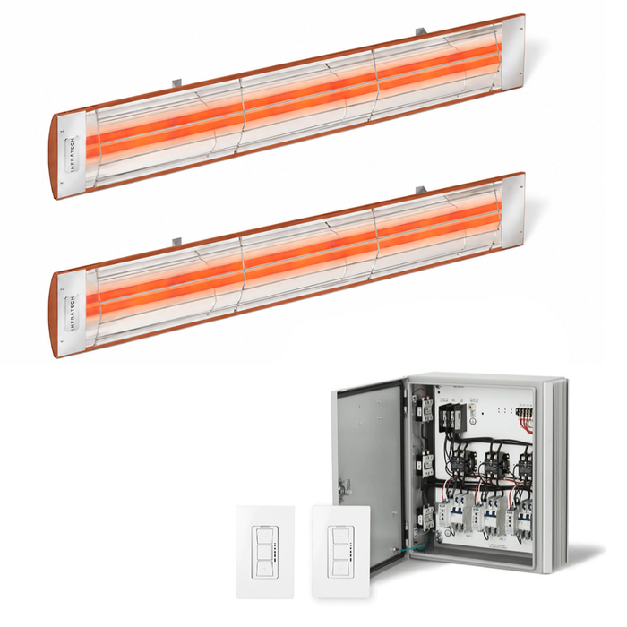 Infratech Combo Package - (1) 2-Relay 2-Zone Universal Control Panel with (2) CD Series Dual Element CD5224CP 5200W 240V Infrared Electric Patio Heaters in Copper Color