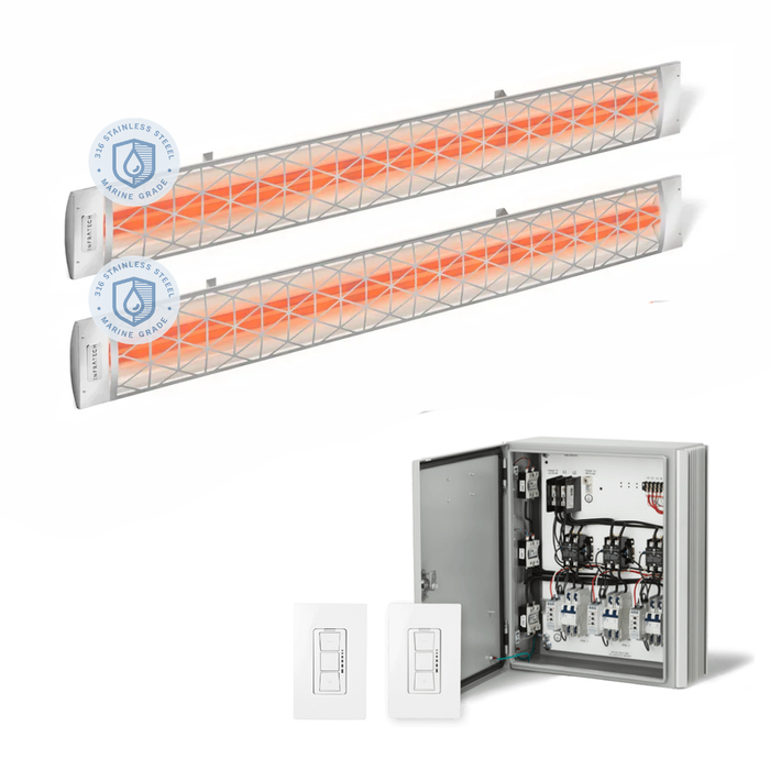 Infratech Combo Package - (1) 2-Relay 2-Zone Universal Control Panel with (2) CD Series Dual Element with Contemporary Motif CD5224MG1 5200W 240V Infrared Electric Patio Heaters in Marine Grade