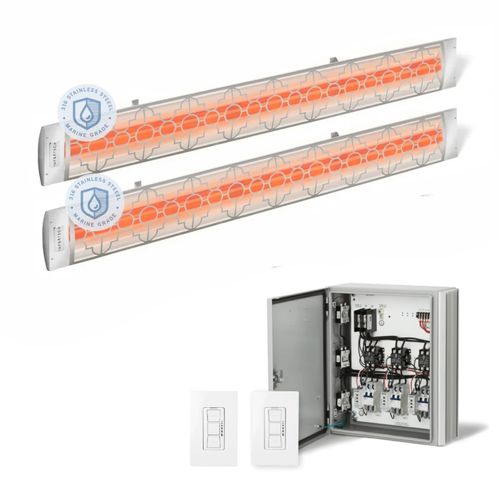 Infratech Combo Package - (1) 2-Relay 2-Zone Universal Control Panel with (2) CD Series Dual Element with Mediterranean Motif CD5224MG3 5200W 240V Infrared Electric Patio Heaters in Marine Grade