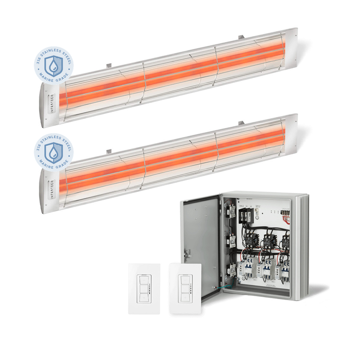 Infratech Combo Package - (1) 2-Relay 2-Zone Universal Control Panel with (2) CD Series Dual Element CD5224MG 5200W 240V Infrared Electric Patio Heaters in Marine Grade