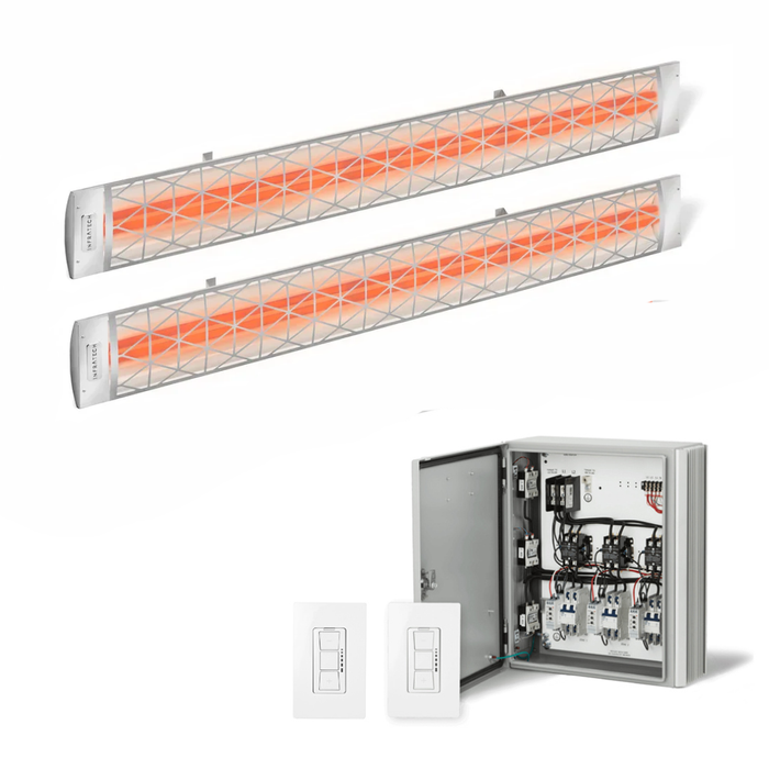 Infratech Combo Package - (1) 2-Relay 2-Zone Universal Control Panel with (2) CD Series Dual Element with Contemporary Motif CD5224SS1 5200W 240V Infrared Electric Patio Heaters in Stainless Steel Color
