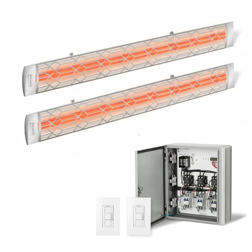 Infratech Combo Package - (1) 2-Relay 2-Zone Universal Control Panel with (2) CD Series Dual Element with Craftsman Motif CD5224SS2 5200W 240V Infrared Electric Patio Heaters in Stainless Steel Color