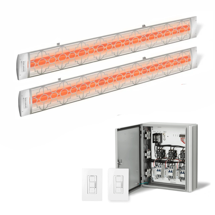 Infratech Combo Package - (1) 2-Relay 2-Zone Universal Control Panel with (2) CD Series Dual Element with Mediterranean Motif CD5224SS3 5200W 240V Infrared Electric Patio Heaters in Stainless Steel Color