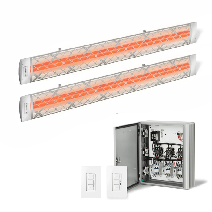 Infratech Combo Package - (1) 2-Relay 2-Zone Universal Control Panel with (2) CD Series Dual Element with Traditional Motif CD5224SS4 5200W 240V Infrared Electric Patio Heaters in Stainless Steel Color