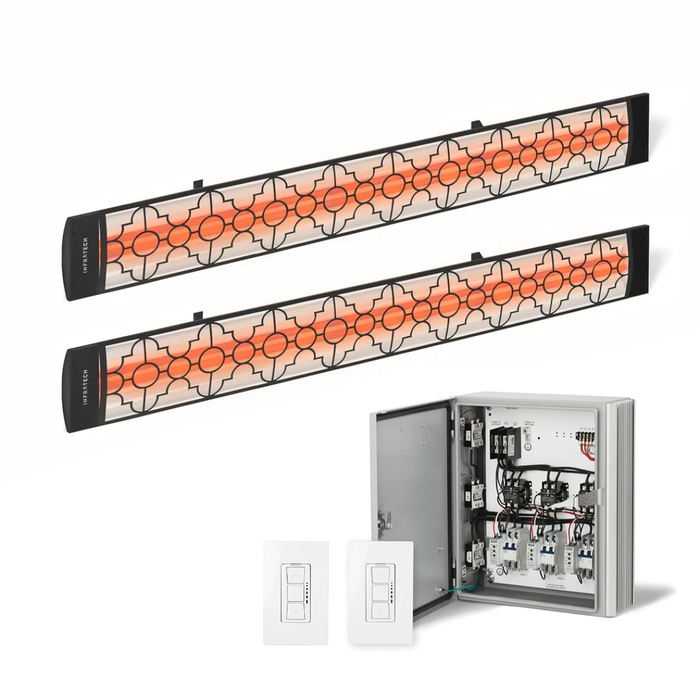 Infratech Combo Package - (1) 2-Relay 2-Zone Universal Control Panel with (2) CD Series Dual Element with Mediterranean Motif CD6024BL3 6000W 240V Infrared Electric Patio Heaters in Black Color