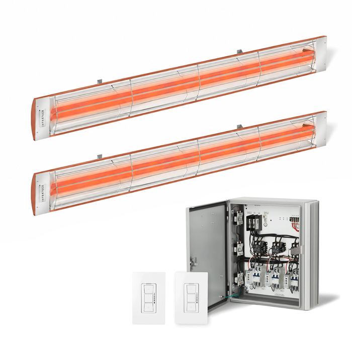 Infratech Combo Package - (1) 2-Relay 2-Zone Universal Control Panel with (2) CD Series Dual Element CD6024CP 6000W 240V Infrared Electric Patio Heaters in Copper Color