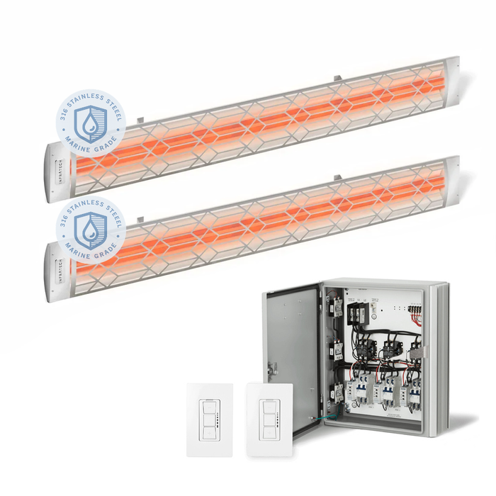 Infratech Combo Package - (1) 2-Relay 2-Zone Universal Control Panel with (2) CD Series Dual Element with Craftsman Motif CD6024MG2 6000W 240V Infrared Electric Patio Heaters in Stainless Steel Marine Grade