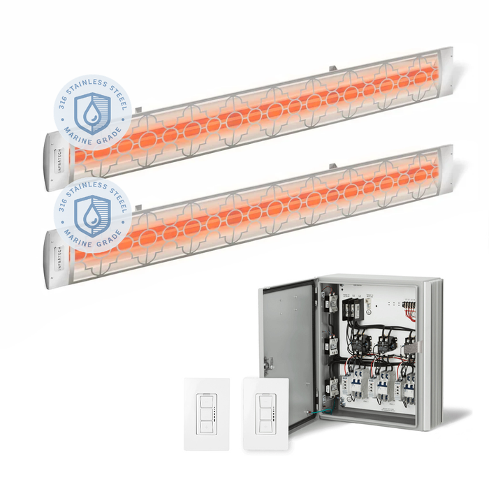 Infratech Combo Package - (1) 2-Relay 2-Zone Universal Control Panel with (2) CD Series Dual Element with Mediterranean Motif CD6024MG3 6000W 240V Infrared Electric Patio Heaters in Stainless Steel Marine Grade