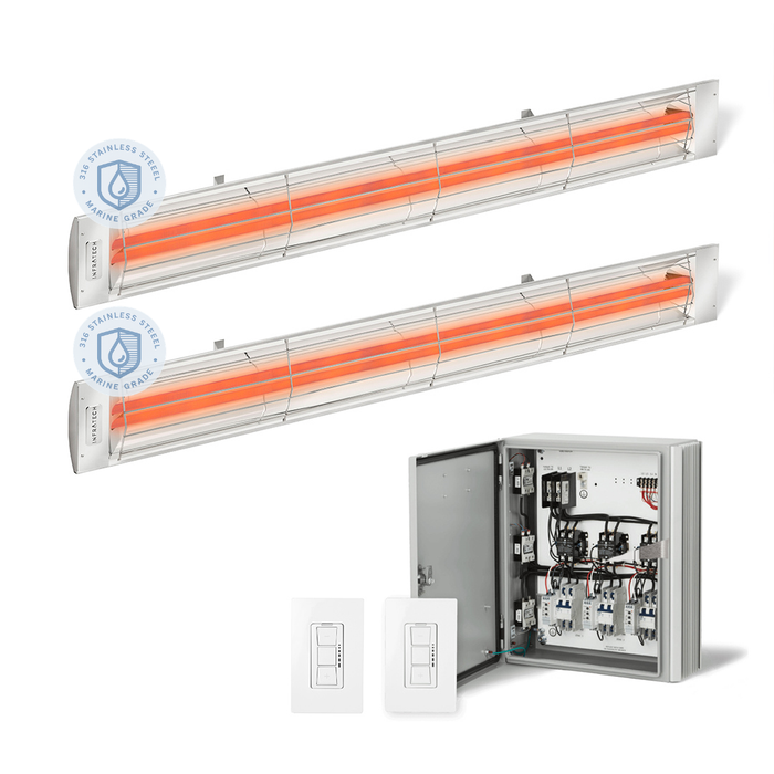 Infratech Combo Package - (1) 2-Relay 2-Zone Universal Control Panel with (2) CD Series Dual Element CD6024MG 6000W 240V Infrared Electric Patio Heaters in Stainless Steel Marine Grade