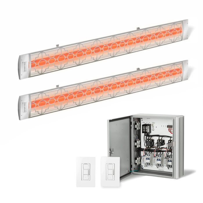 Infratech Combo Package - (1) 2-Relay 2-Zone Universal Control Panel with (2) CD Series Dual Element with Mediterranean Motif CD6024SS3 6000W 240V Infrared Electric Patio Heaters in Stainless Steel Color