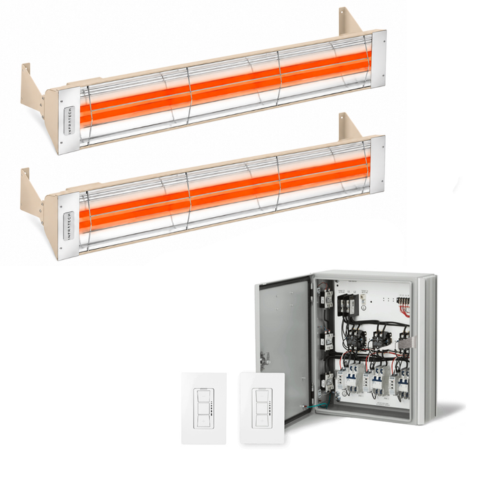 Infratech Combo Package - (1) 2-Relay 2-Zone Universal Control Panel with (2) WD Series Dual Element WD5224BE 5200W 240V Infrared Electric Patio Heaters in Beige Color
