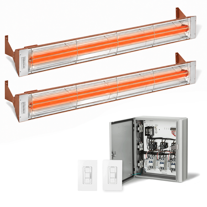 Infratech Combo Package - (1) 2-Relay 2-Zone Universal Control Panel with (2) WD Series Dual Element WD6024CP 6000W 240V Infrared Electric Patio Heaters in Copper Color