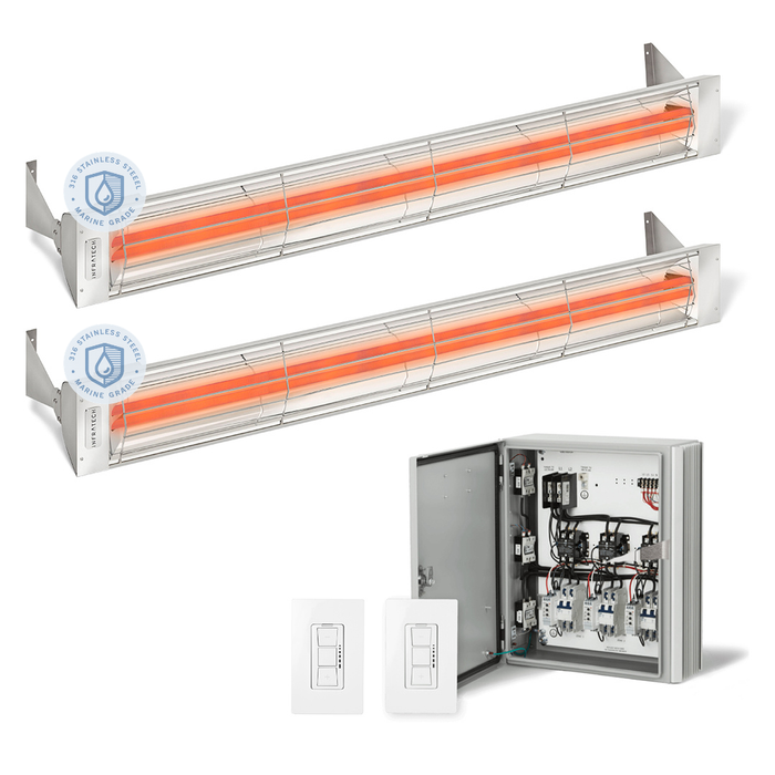 Infratech Combo Package - (1) 2-Relay 2-Zone Universal Control Panel with (2) WD Series Dual Element WD6024MG 6000W 240V Infrared Electric Patio Heaters in Stainless Steel Marine Grade